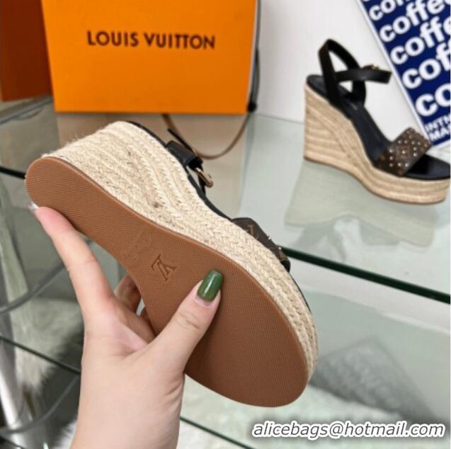 Purchase Louis Vuitton Starboard Wedge Sandal 10cm in Studded Monogram Canvas and Leather Black 322033