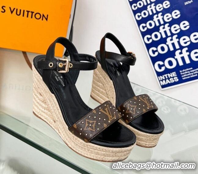 Purchase Louis Vuitton Starboard Wedge Sandal 10cm in Studded Monogram Canvas and Leather Black 322033