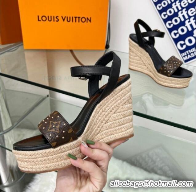 Purchase Louis Vuitton Starboard Wedge Sandal 10cm in Studded Monogram Canvas and Leather Black 322033