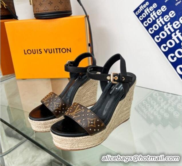 Purchase Louis Vuitton Starboard Wedge Sandal 10cm in Studded Monogram Canvas and Leather Black 322033