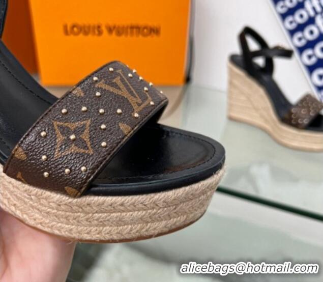 Purchase Louis Vuitton Starboard Wedge Sandal 10cm in Studded Monogram Canvas and Leather Black 322033