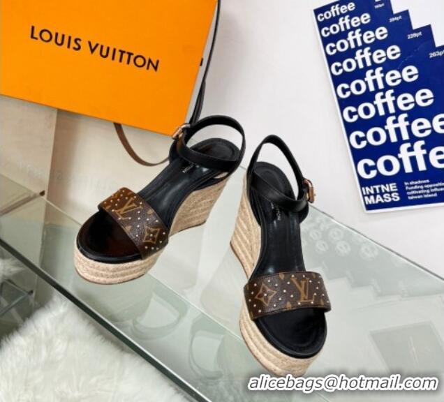 Purchase Louis Vuitton Starboard Wedge Sandal 10cm in Studded Monogram Canvas and Leather Black 322033