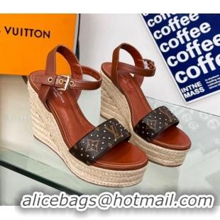 Perfect Louis Vuitton Starboard Wedge Sandal 10cm in Studded Monogram Canvas and Leather Brown 322034