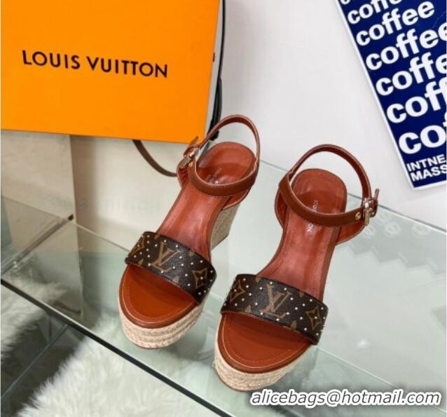 Perfect Louis Vuitton Starboard Wedge Sandal 10cm in Studded Monogram Canvas and Leather Brown 322034