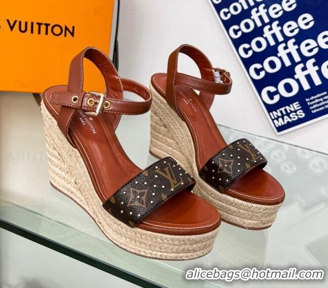 Perfect Louis Vuitton Starboard Wedge Sandal 10cm in Studded Monogram Canvas and Leather Brown 322034