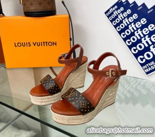 Perfect Louis Vuitton Starboard Wedge Sandal 10cm in Studded Monogram Canvas and Leather Brown 322034