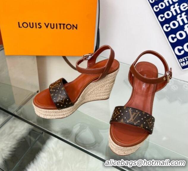 Perfect Louis Vuitton Starboard Wedge Sandal 10cm in Studded Monogram Canvas and Leather Brown 322034