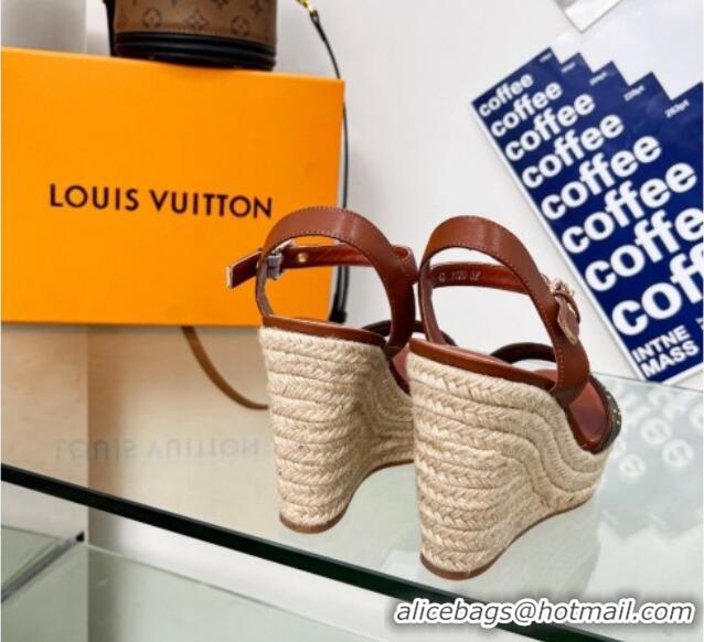 Perfect Louis Vuitton Starboard Wedge Sandal 10cm in Studded Monogram Canvas and Leather Brown 322034