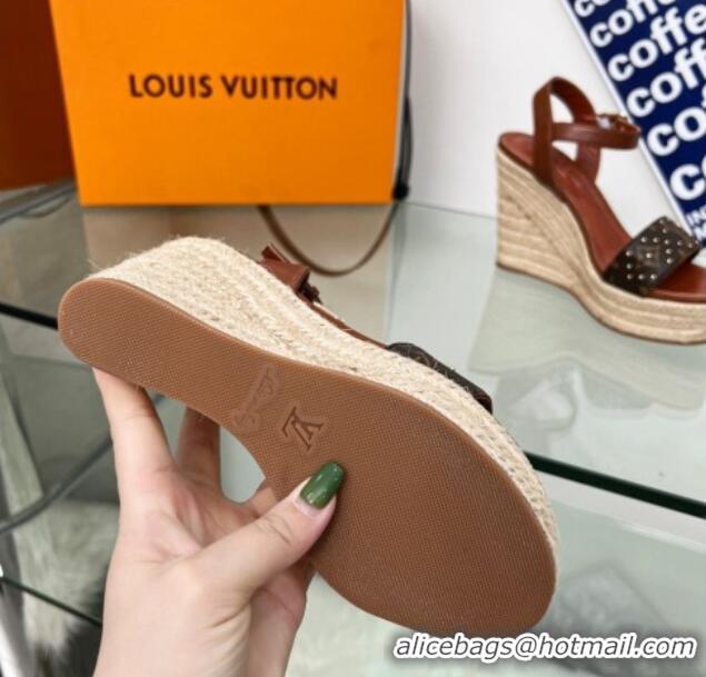 Perfect Louis Vuitton Starboard Wedge Sandal 10cm in Studded Monogram Canvas and Leather Brown 322034