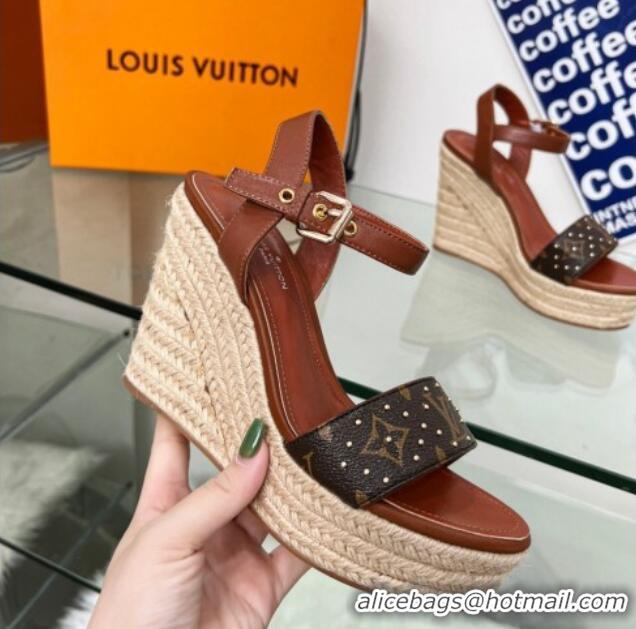 Perfect Louis Vuitton Starboard Wedge Sandal 10cm in Studded Monogram Canvas and Leather Brown 322034