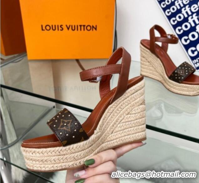 Perfect Louis Vuitton Starboard Wedge Sandal 10cm in Studded Monogram Canvas and Leather Brown 322034