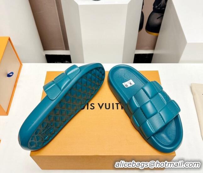 Luxury Cheap Louis Vuitton Waterfront Flat Slide Sandals in Maxi Damier Rubber Blue 322035