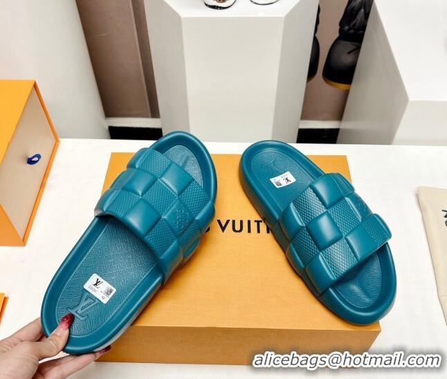 Luxury Cheap Louis Vuitton Waterfront Flat Slide Sandals in Maxi Damier Rubber Blue 322035