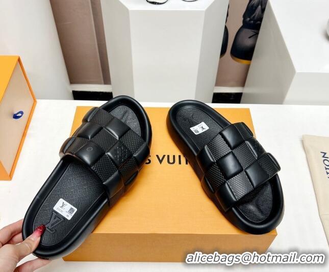 Popular Style Louis Vuitton Waterfront Flat Slide Sandals in Maxi Damier Rubber Black 322038