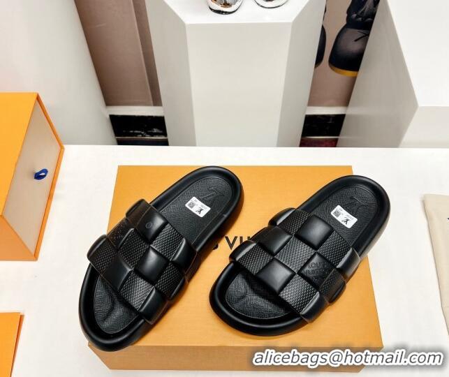 Popular Style Louis Vuitton Waterfront Flat Slide Sandals in Maxi Damier Rubber Black 322038