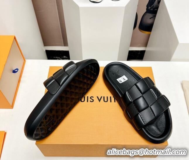 Popular Style Louis Vuitton Waterfront Flat Slide Sandals in Maxi Damier Rubber Black 322038