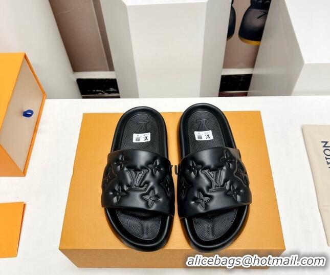 Luxury Louis Vuitton Waterfront Flat Slide Sandals in Monogram Rubber Black 0322043