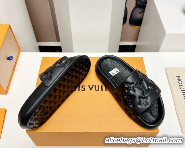 Luxury Louis Vuitton Waterfront Flat Slide Sandals in Monogram Rubber Black 0322043