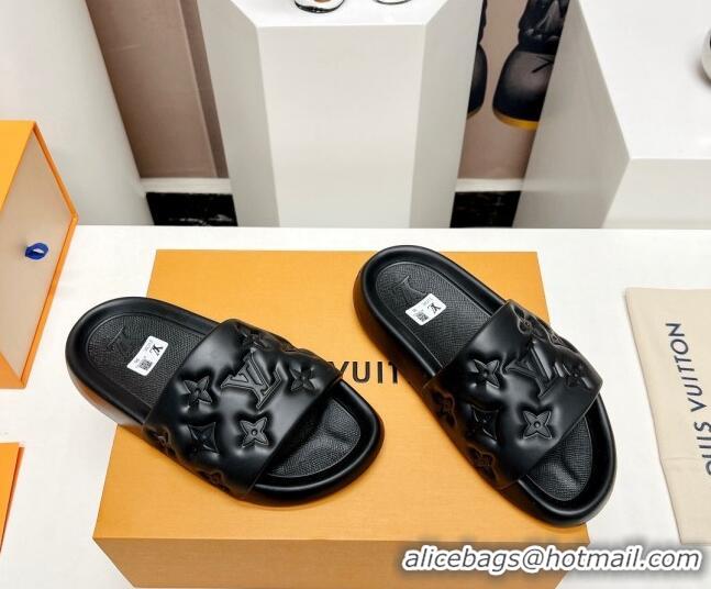 Luxury Louis Vuitton Waterfront Flat Slide Sandals in Monogram Rubber Black 0322043