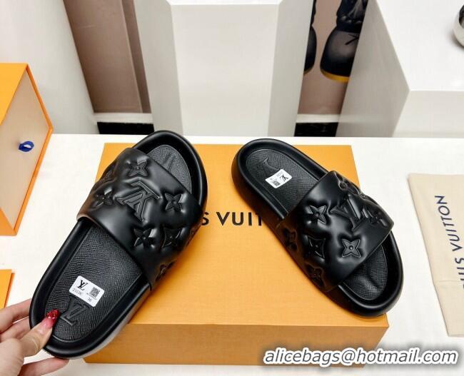 Luxury Louis Vuitton Waterfront Flat Slide Sandals in Monogram Rubber Black 0322043