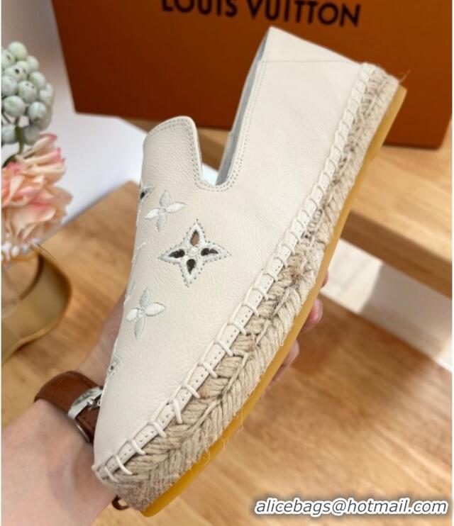 Hot Style Louis Vuitton Bidart Grained Leather Espadrilles with Monogram Embroidery White 0329074