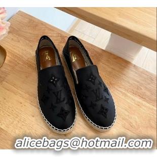 Best Grade Louis Vuitton Bidart Grained Leather Espadrilles with Monogram Embroidery Black 329075