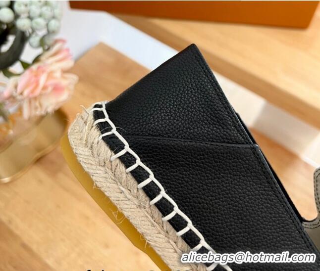 Best Grade Louis Vuitton Bidart Grained Leather Espadrilles with Monogram Embroidery Black 329075