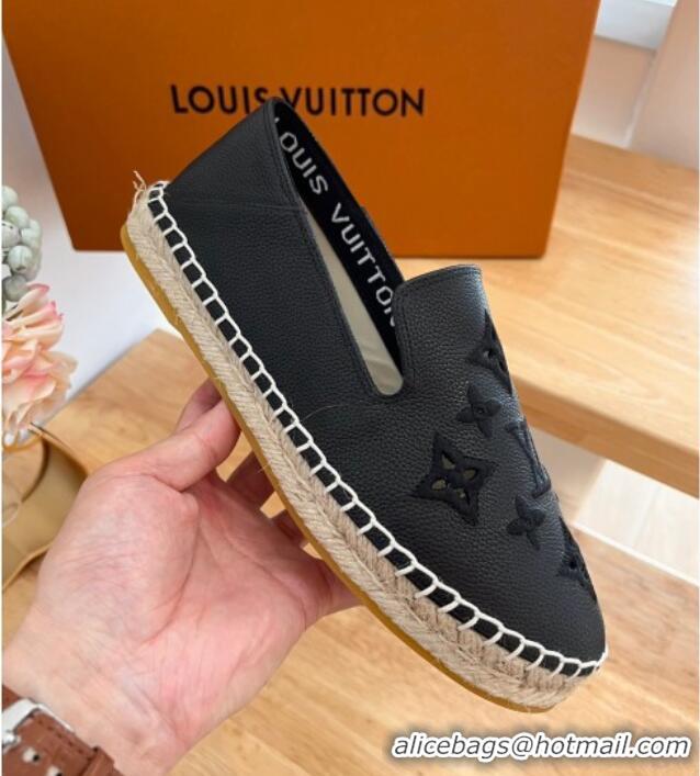 Best Grade Louis Vuitton Bidart Grained Leather Espadrilles with Monogram Embroidery Black 329075