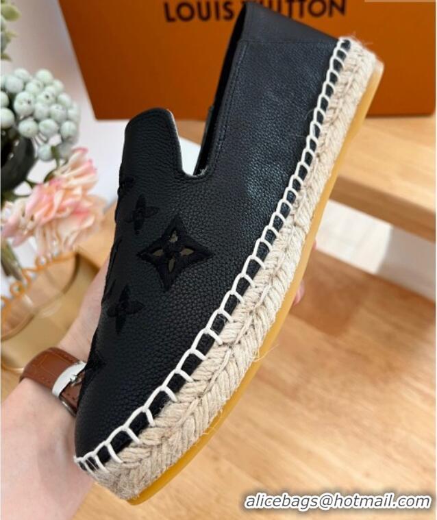 Best Grade Louis Vuitton Bidart Grained Leather Espadrilles with Monogram Embroidery Black 329075