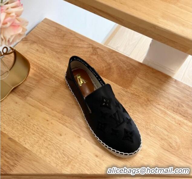 Best Grade Louis Vuitton Bidart Grained Leather Espadrilles with Monogram Embroidery Black 329075