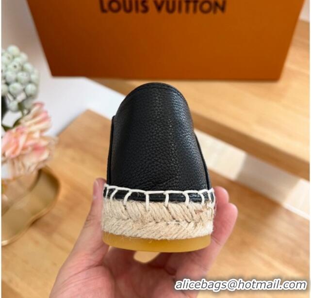 Best Grade Louis Vuitton Bidart Grained Leather Espadrilles with Monogram Embroidery Black 329075