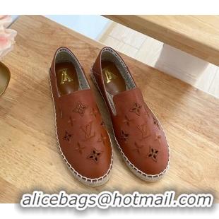 Popular Style Louis Vuitton Bidart Grained Leather Espadrilles with Monogram Embroidery Brown 0329076