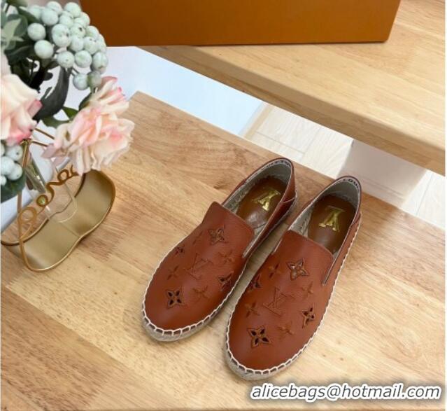 Popular Style Louis Vuitton Bidart Grained Leather Espadrilles with Monogram Embroidery Brown 0329076