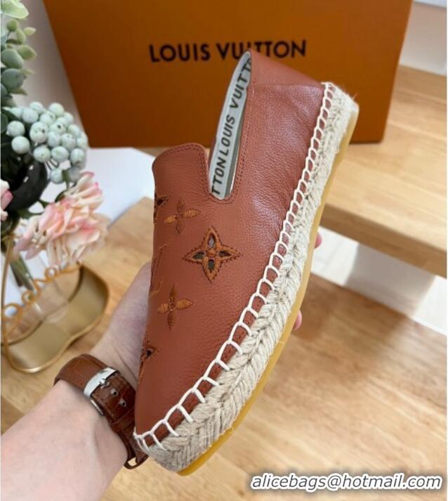 Popular Style Louis Vuitton Bidart Grained Leather Espadrilles with Monogram Embroidery Brown 0329076