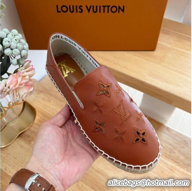 Popular Style Louis Vuitton Bidart Grained Leather Espadrilles with Monogram Embroidery Brown 0329076