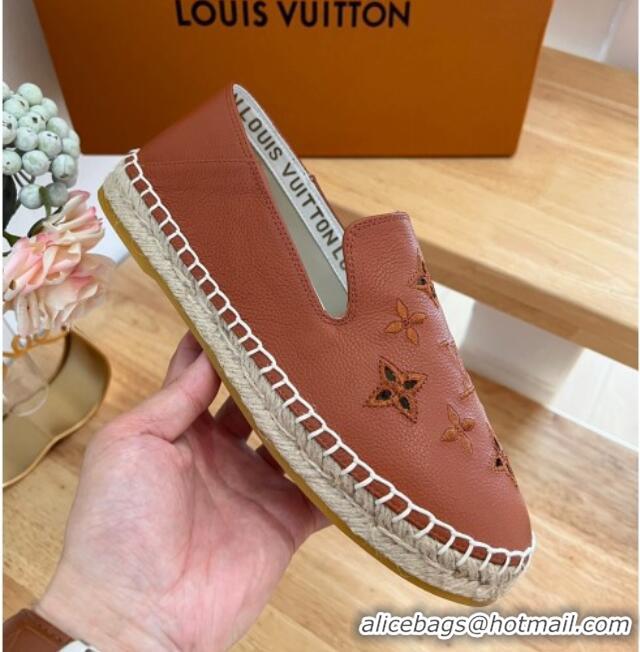 Popular Style Louis Vuitton Bidart Grained Leather Espadrilles with Monogram Embroidery Brown 0329076