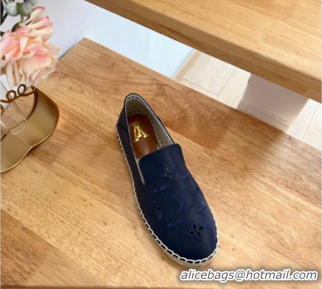 Grade Quality Louis Vuitton Bidart Grained Leather Espadrilles with Monogram Embroidery Navy Blue 329077