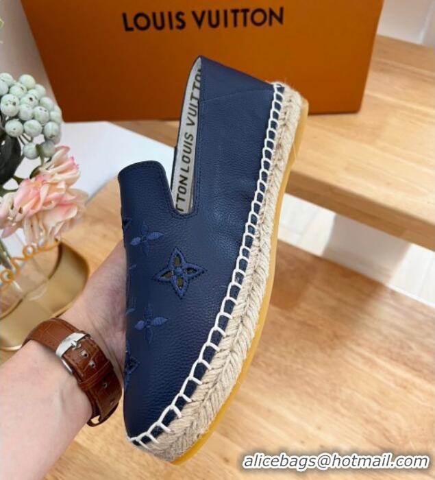 Grade Quality Louis Vuitton Bidart Grained Leather Espadrilles with Monogram Embroidery Navy Blue 329077