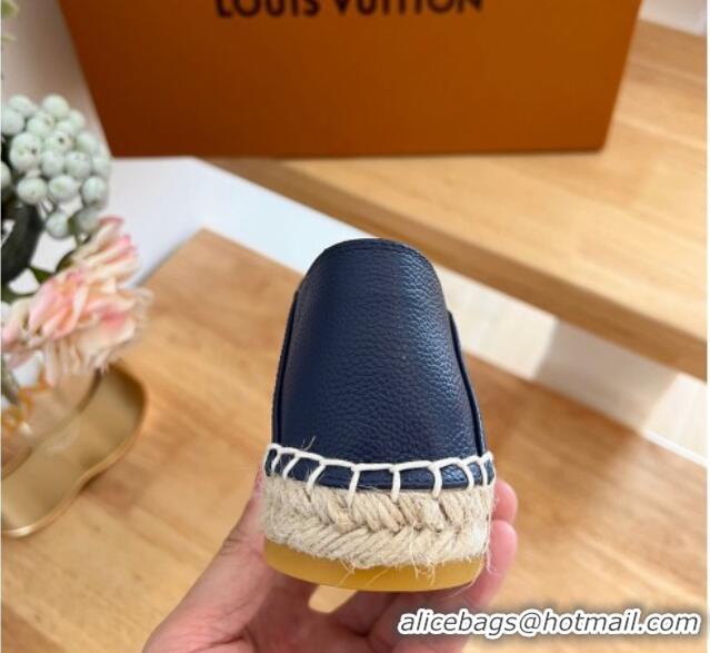 Grade Quality Louis Vuitton Bidart Grained Leather Espadrilles with Monogram Embroidery Navy Blue 329077