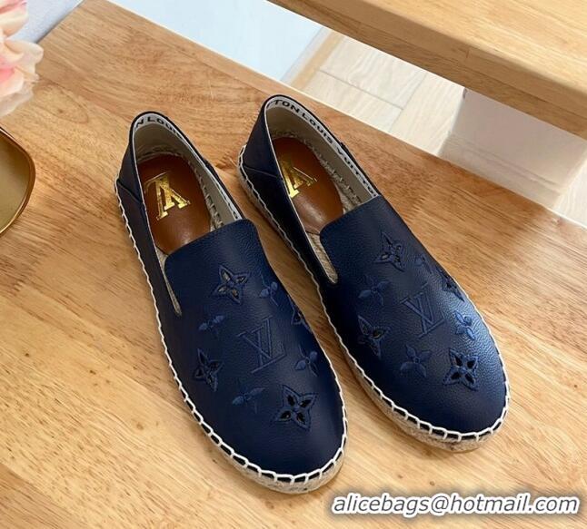 Grade Quality Louis Vuitton Bidart Grained Leather Espadrilles with Monogram Embroidery Navy Blue 329077