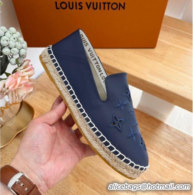 Grade Quality Louis Vuitton Bidart Grained Leather Espadrilles with Monogram Embroidery Navy Blue 329077