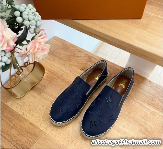 Grade Quality Louis Vuitton Bidart Grained Leather Espadrilles with Monogram Embroidery Navy Blue 329077