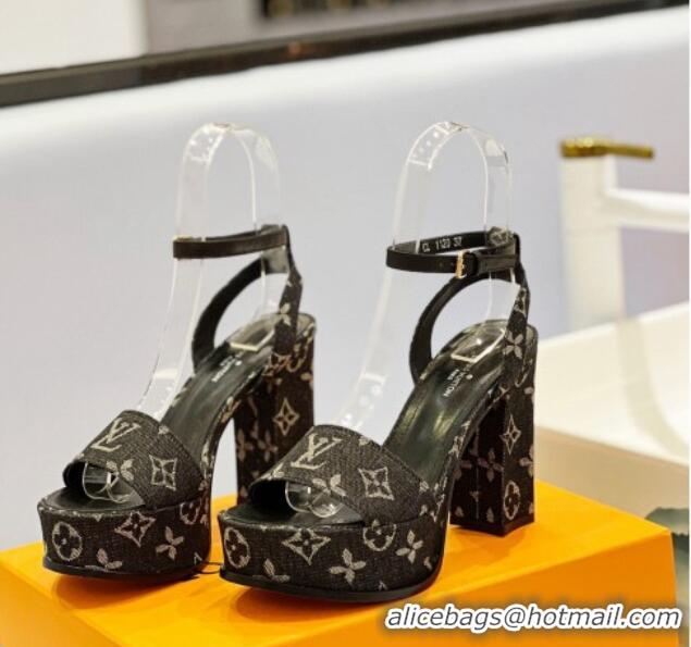 Top Design Louis Vuitton Fame Heel Platform Sandal 11.5cm in Black Monogram Denim 0329078