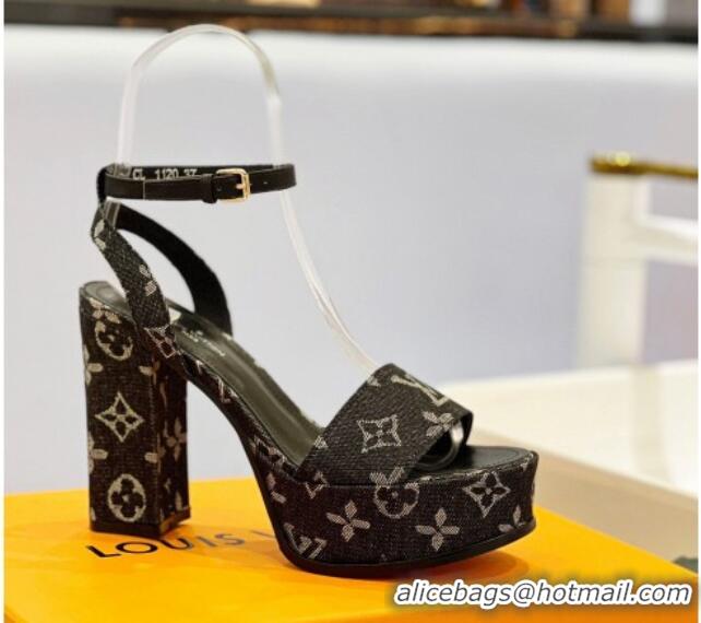 Top Design Louis Vuitton Fame Heel Platform Sandal 11.5cm in Black Monogram Denim 0329078