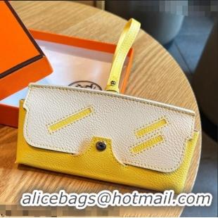 Inexpensive Hermes Wink Grined Leather Glasses Case HE2354 White/Yellow 2022