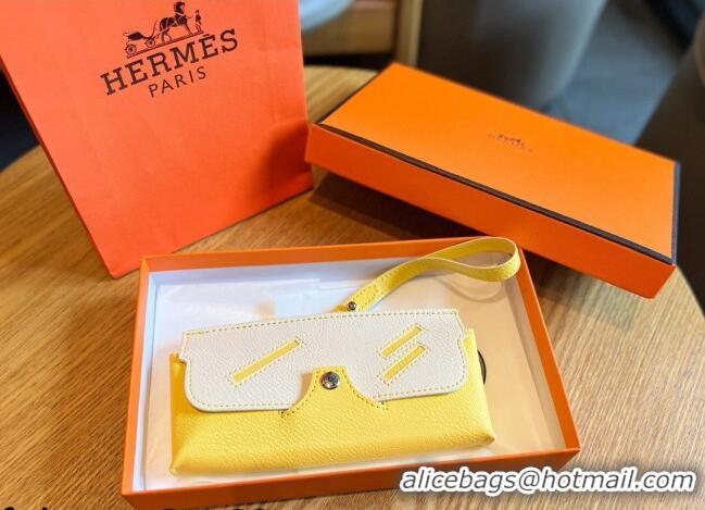 Inexpensive Hermes Wink Grined Leather Glasses Case HE2354 White/Yellow 2022