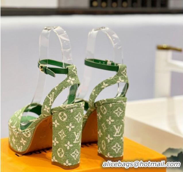 Cheap Price Louis Vuitton Fame Heel Platform Sandal 11.5cm in Green Monogram Denim 0329082