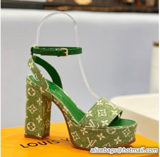 Cheap Price Louis Vuitton Fame Heel Platform Sandal 11.5cm in Green Monogram Denim 0329082