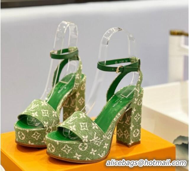 Cheap Price Louis Vuitton Fame Heel Platform Sandal 11.5cm in Green Monogram Denim 0329082