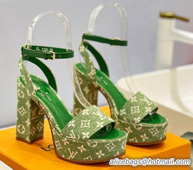 Cheap Price Louis Vuitton Fame Heel Platform Sandal 11.5cm in Green Monogram Denim 0329082